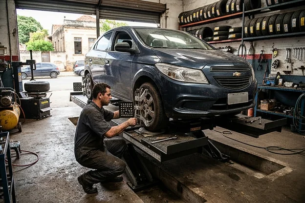 Carro sendo alinhado em uma borracharia.