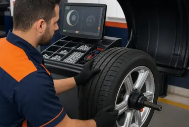 Profissional balanceando rodas em um carro.