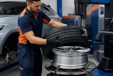 Profissional realizando a troca de um pneu em um veículo.