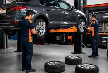 Profissional realizando o rodízio de pneus em um veículo.
