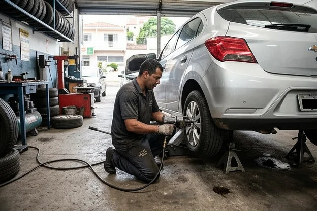 Profissional realizando rodízio de pneus em um veículo.